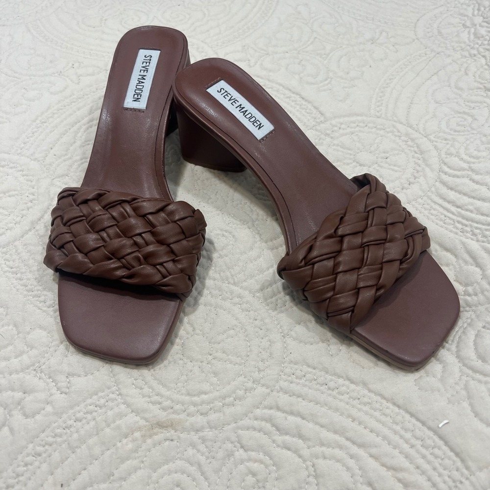 Steve Madden Palas Brown Braided Square Toe Block Heel Sandals Womens Size 7